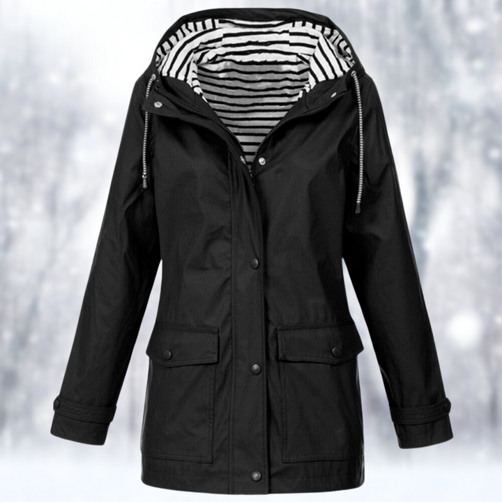 Adeline hooded rain jacket in black with striped lining, front view