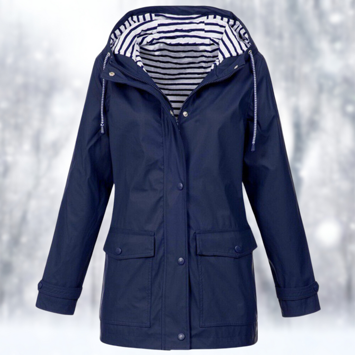 Adeline hooded rain jacket in navy blue with striped lining, front view