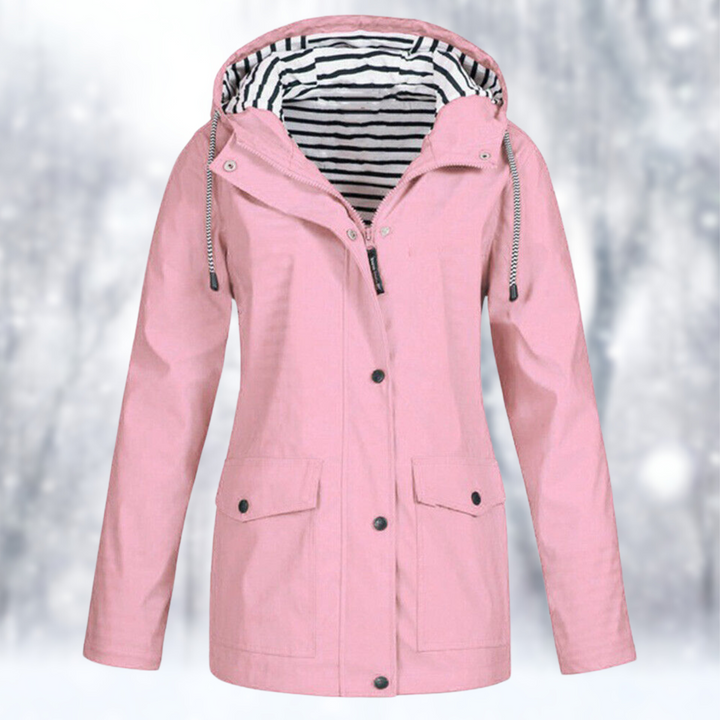 Adeline hooded rain jacket in pink with striped lining, front view