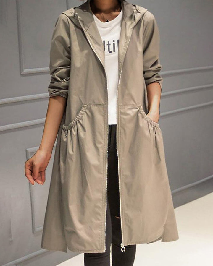 Adeline hooded trench coat with front zip, front view
