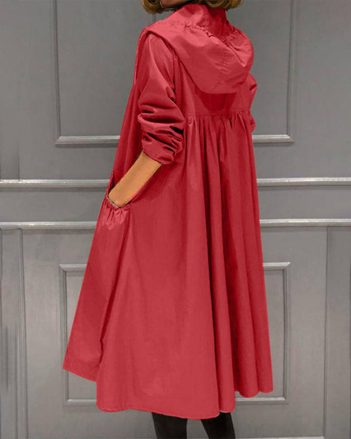 Adeline hooded trench coat, back view with hood detail
