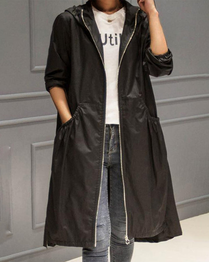 Adeline hooded trench coat with front zip, front view
