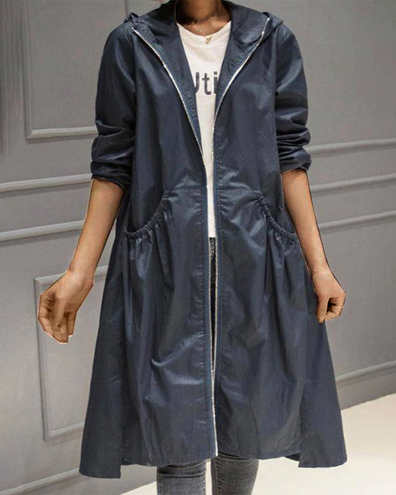 Adeline hooded trench coat with front zip closure, front view