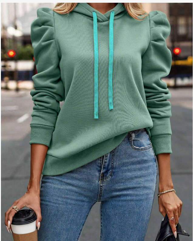 Adeline puff sleeve pullover hoodie in sage green, close-up front view