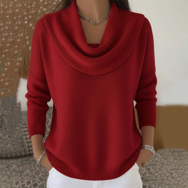 Adeline red cowl neck sweater, front view