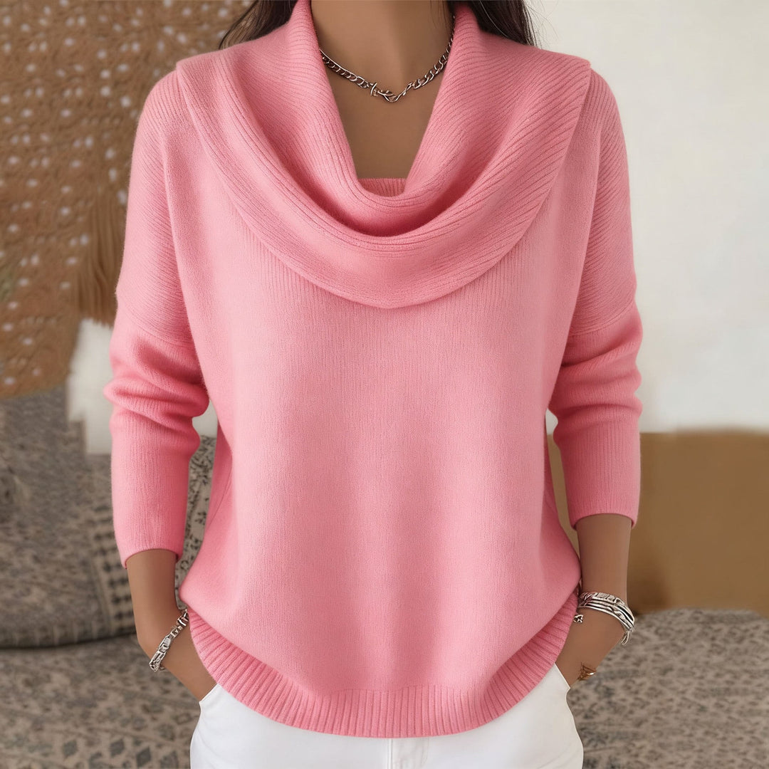 Adeline pink cowl neck sweater, front view