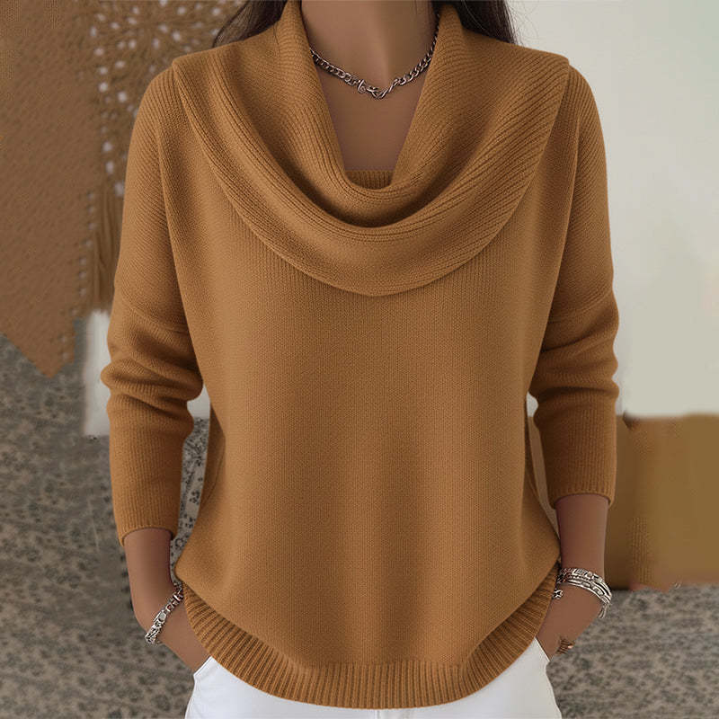 Adeline camel cowl neck sweater, front view