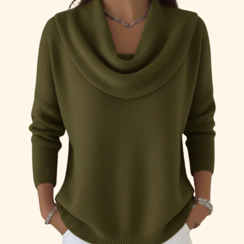Adeline olive green cowl neck sweater, front view
