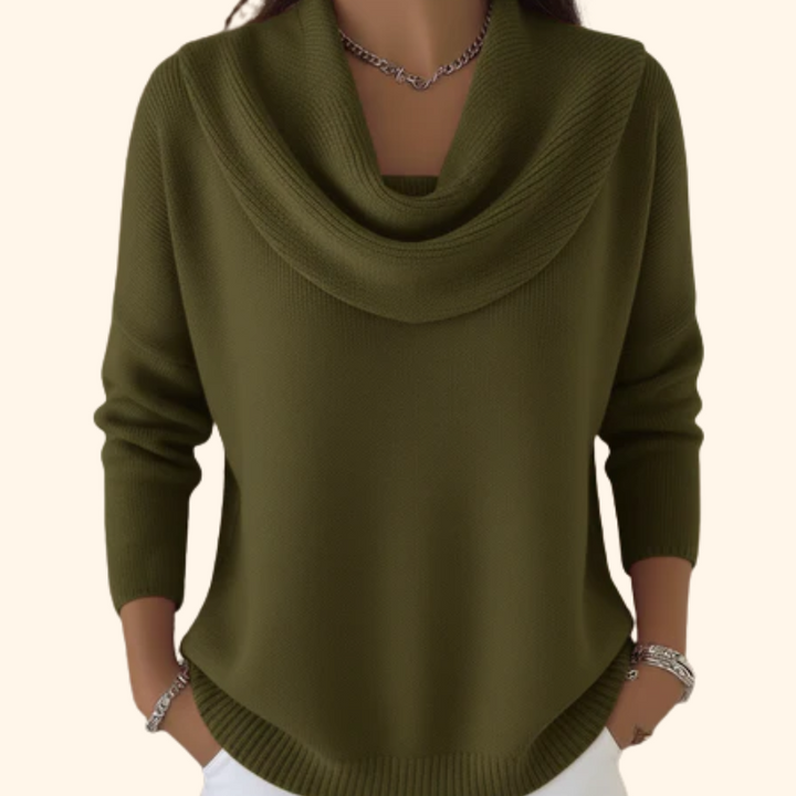 Adeline olive green cowl neck sweater, front view