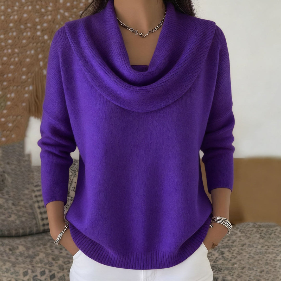 Adeline purple cowl neck sweater, front view