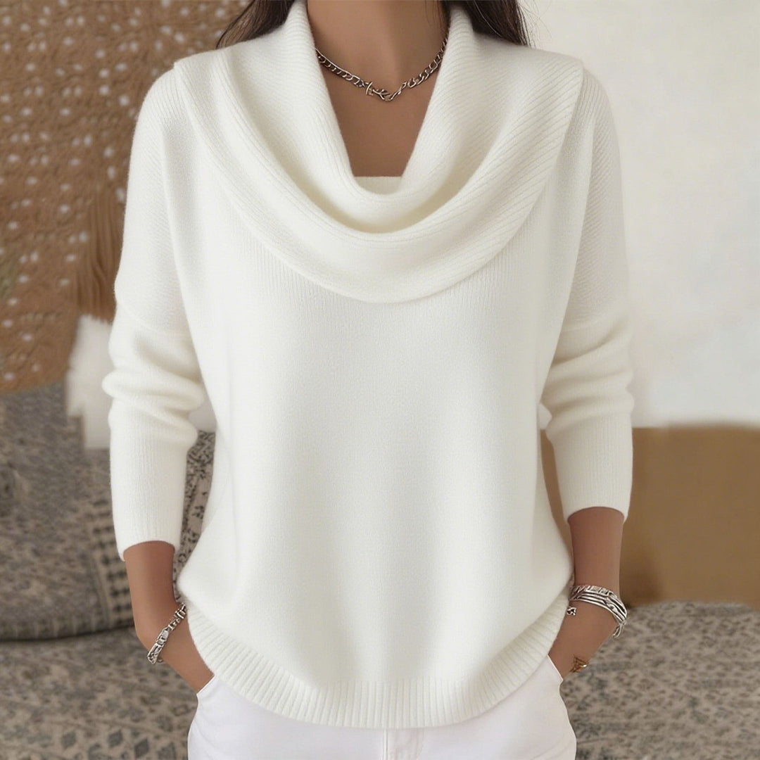 Adeline white cowl neck sweater, front view