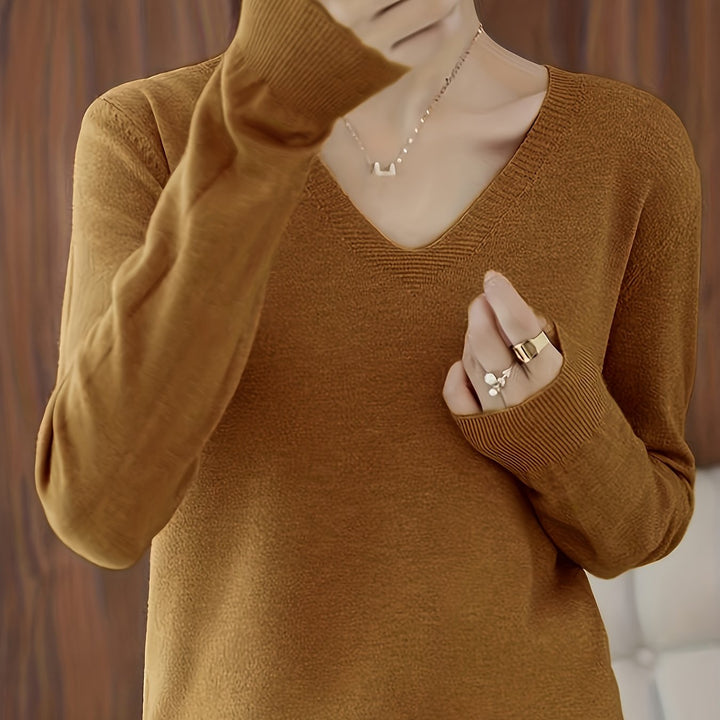 Adeline relaxed V-neck sweater in camel, close-up detail