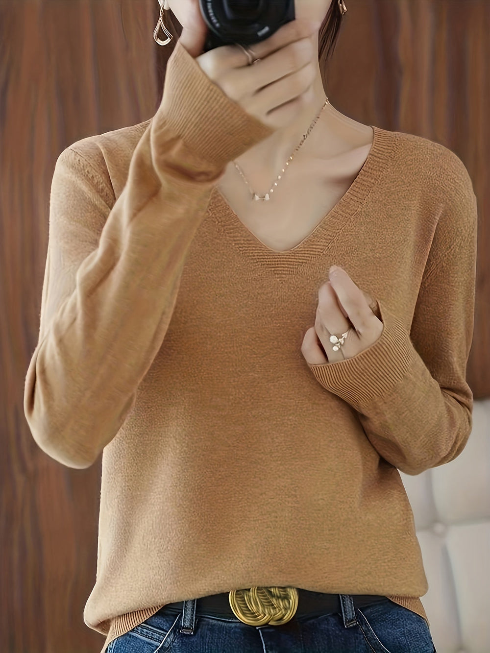 Adeline relaxed V-neck sweater in camel, front view