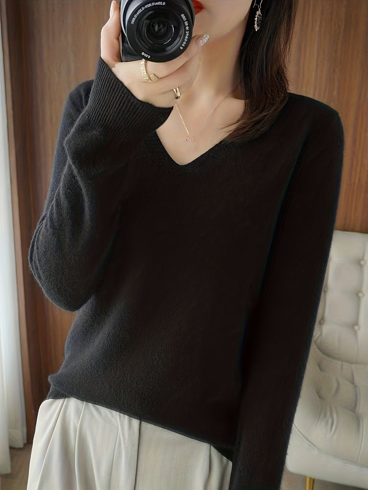 Adeline relaxed V-neck sweater in black, front view