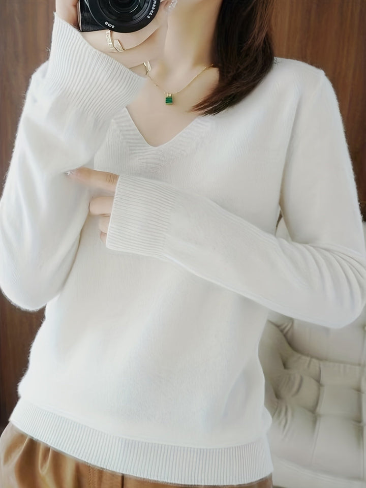 Adeline relaxed V-neck sweater in white, front view