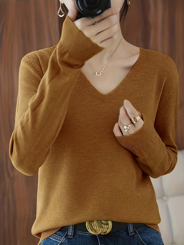 Adeline relaxed V-neck sweater in camel, close-up detail