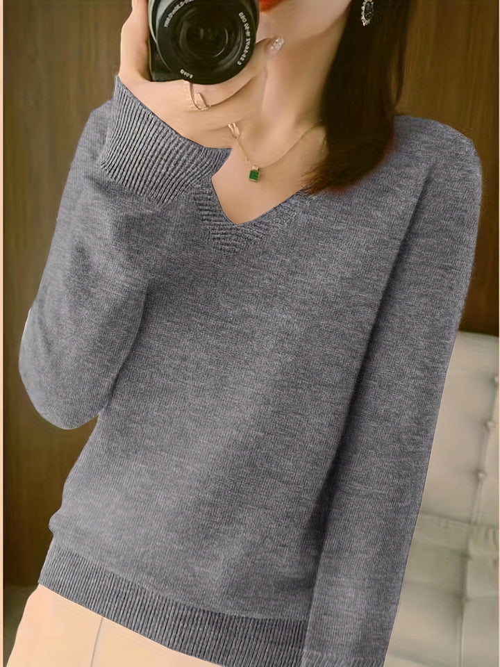 Adeline relaxed V-neck sweater in grey, front view