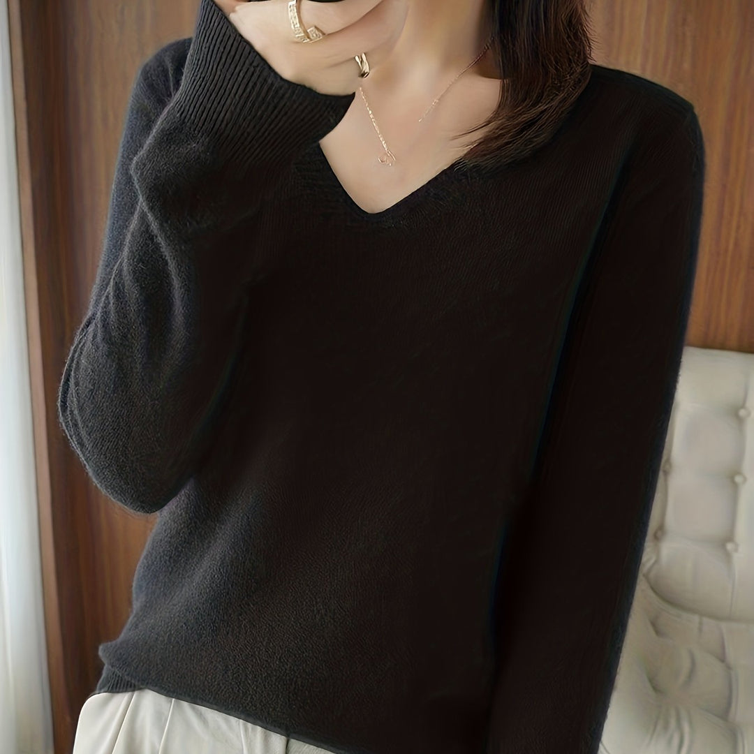 Adeline relaxed V-neck sweater in black, close-up detail