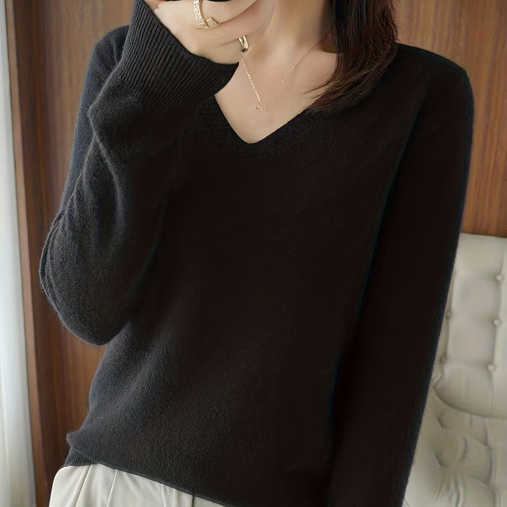 Adeline relaxed V-neck sweater in black, close-up detail