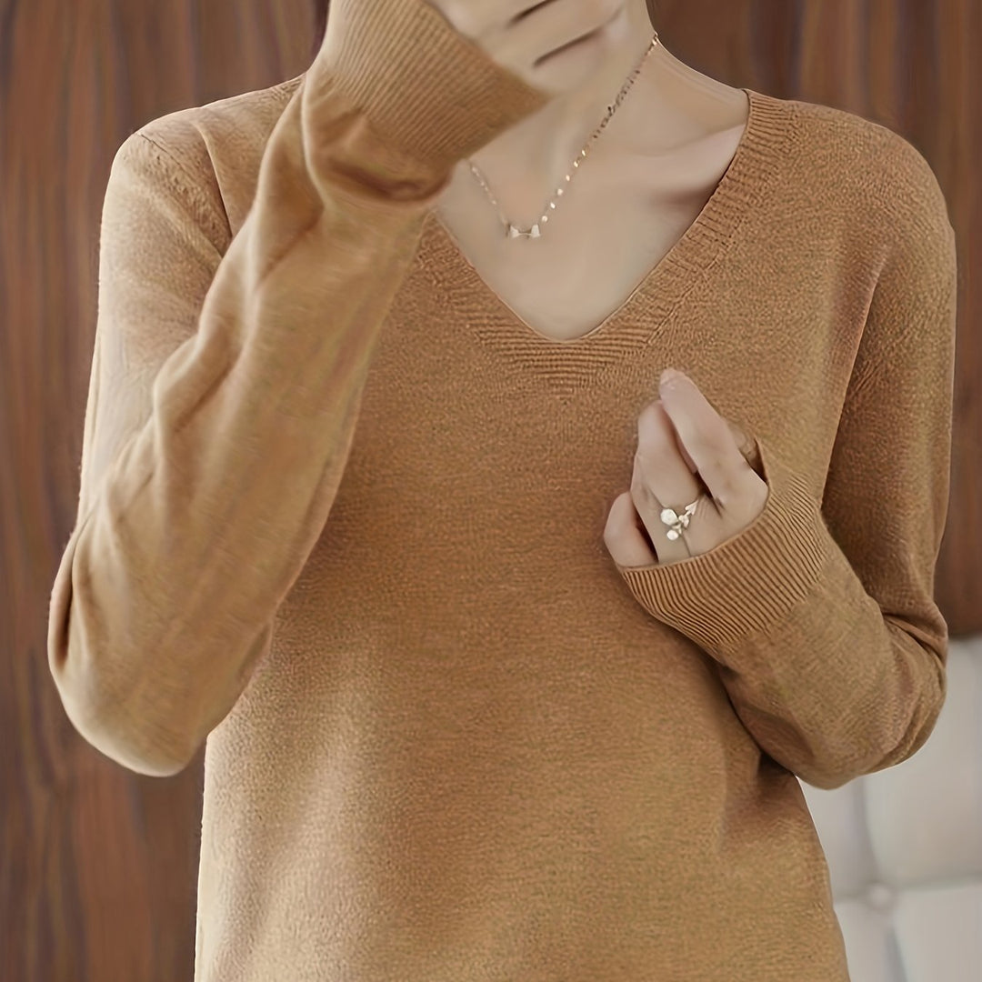 Adeline relaxed V-neck sweater in camel, close-up detail