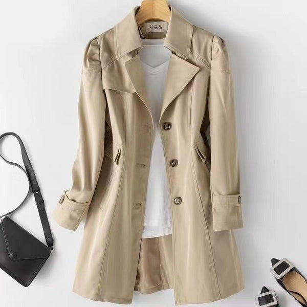 Adeline single-breasted trench coat in khaki, front view on hanger