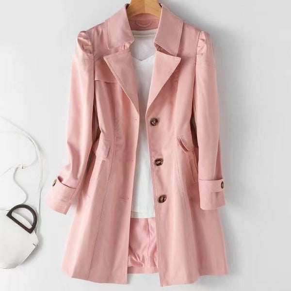 Adeline single-breasted trench coat in light pink, front view on hanger