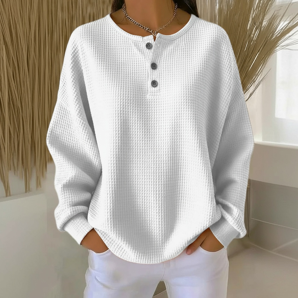 Adeline waffle knit henley sweater in white, front view