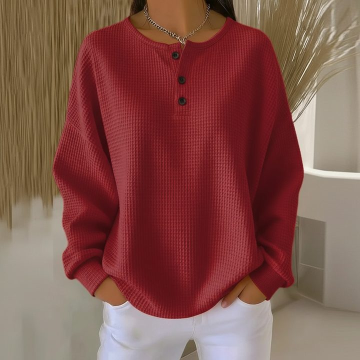 Adeline waffle knit henley sweater in red, front view