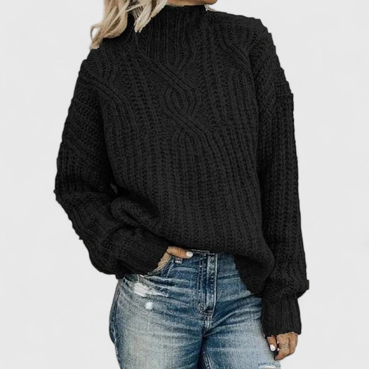 Aerynna cable knit mock neck sweater in black, front view