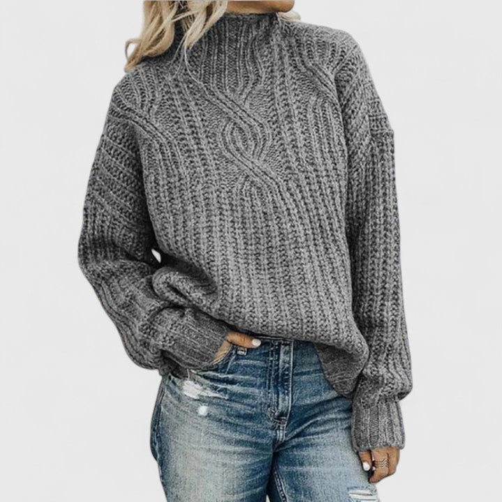 Aerynna cable knit mock neck sweater in gray, side view