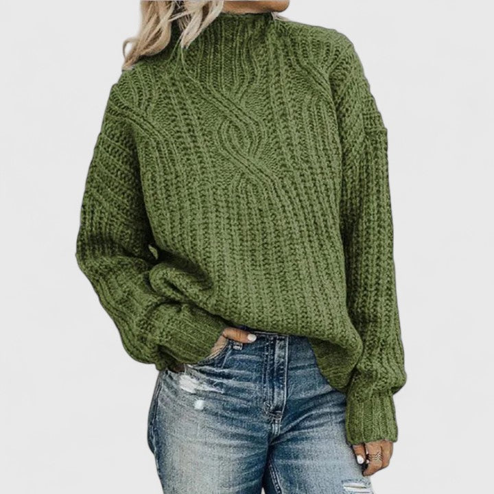 Aerynna cable knit mock neck sweater in olive green, back view