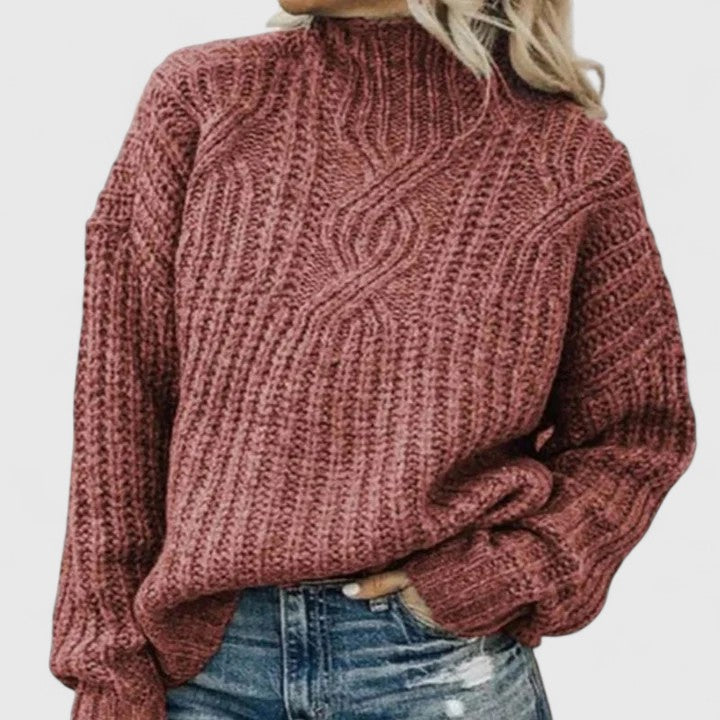 Aerynna cable knit mock neck sweater in rust red, front view