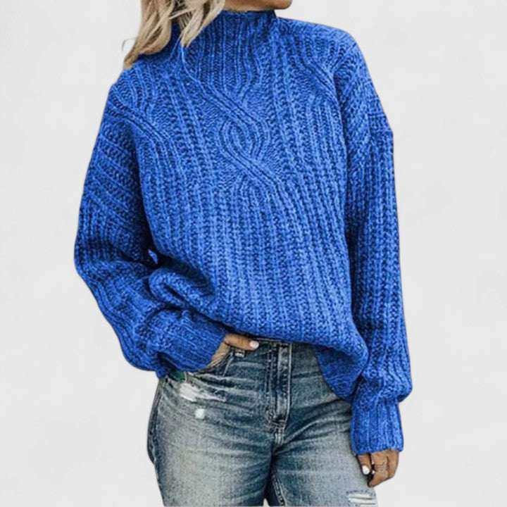 Aerynna cable knit mock neck sweater in blue, side view
