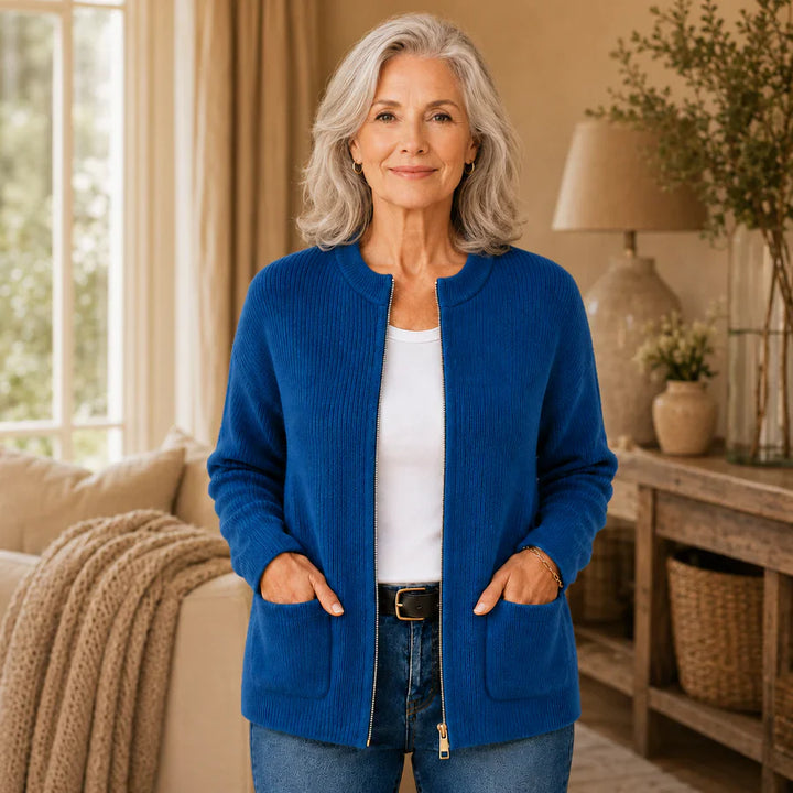 Blue ribbed knit zip-up cardigan, front view on model