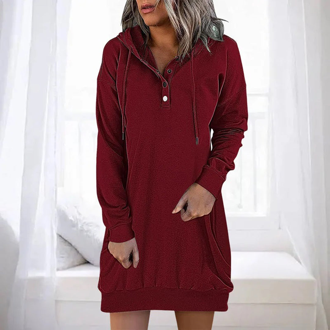 Amara hooded sweater dress in red, front view