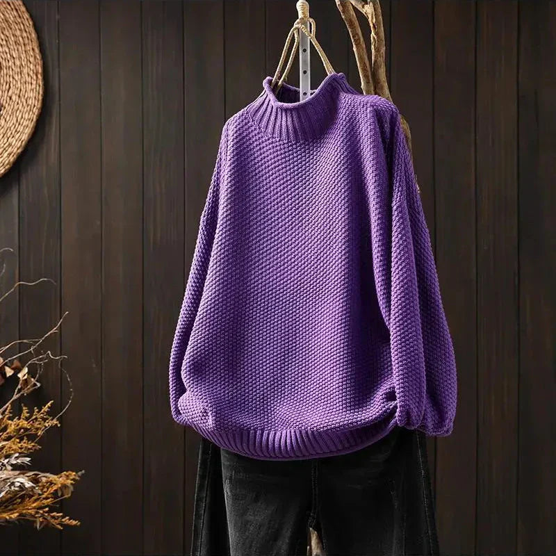 Amara oversized mock neck sweater in purple, front view