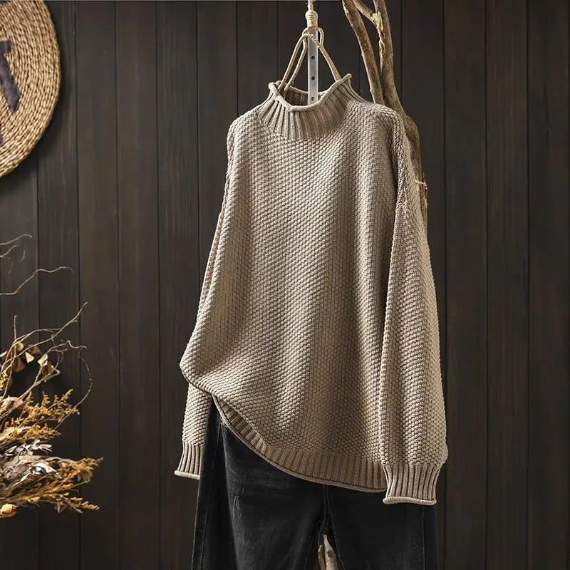 Amara oversized mock neck sweater in khaki, front view