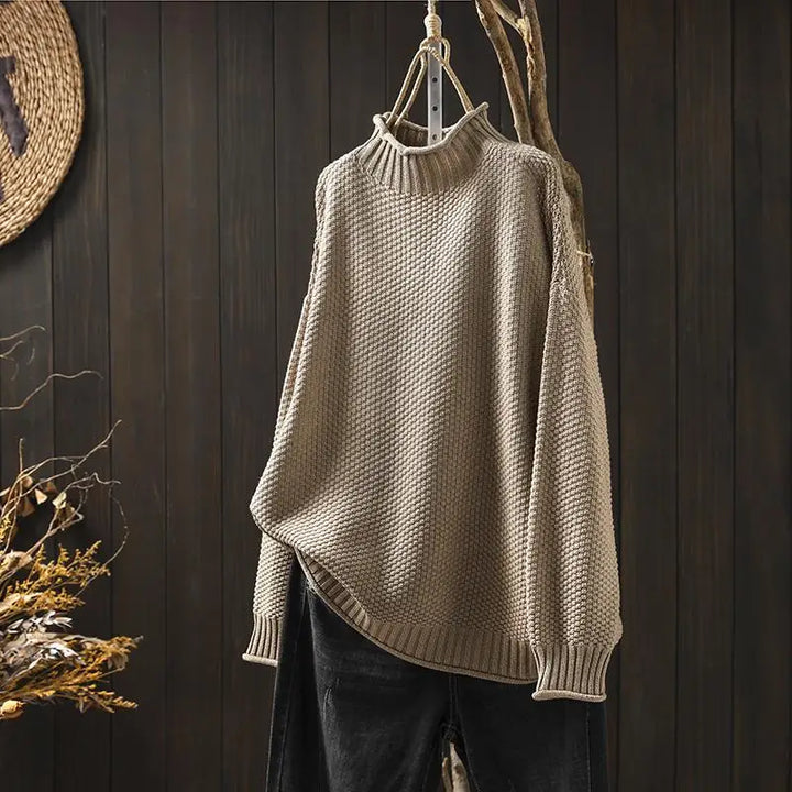 Amara oversized mock neck sweater in khaki, front view