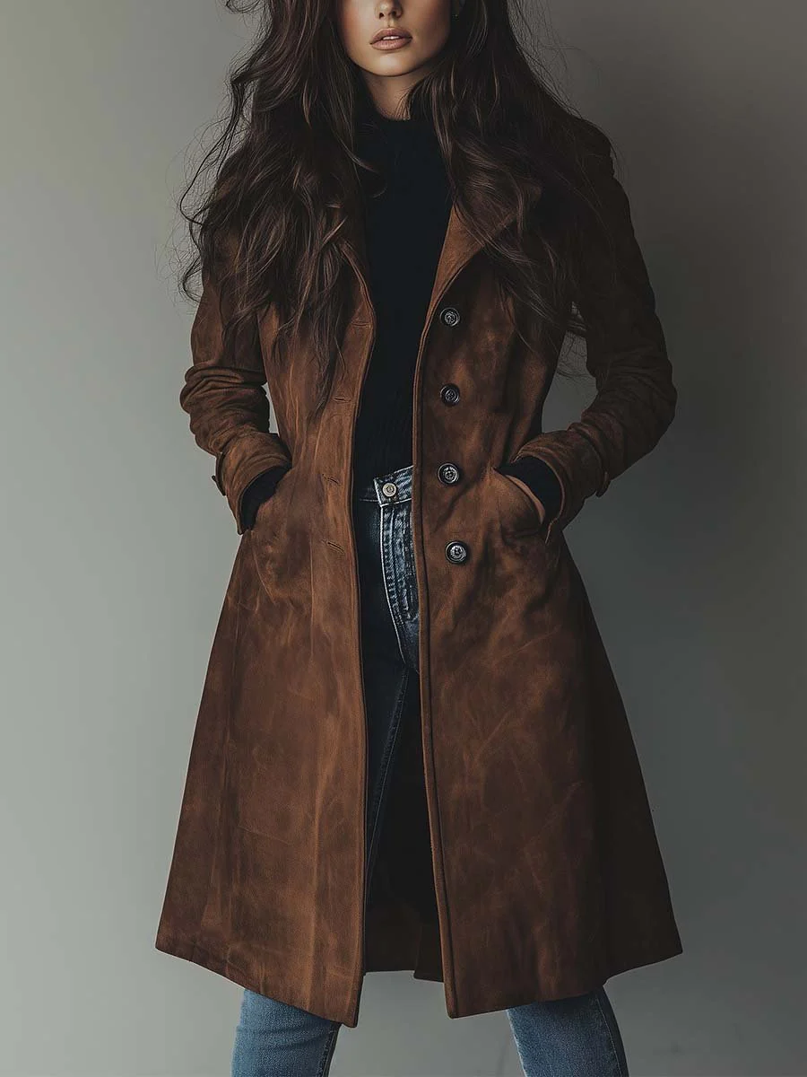 Amara vintage longline trench coat, front view with hands in pockets