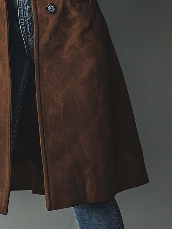 Amara trench coat hemline and fabric texture close-up