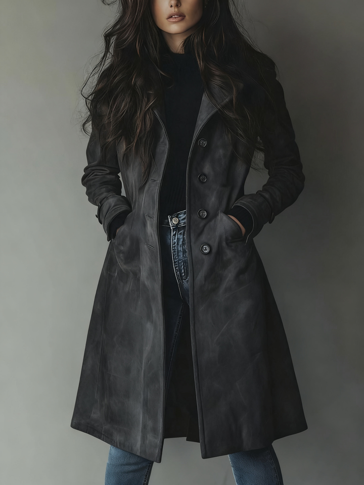 Amara trench coat hemline and fabric texture close-up
