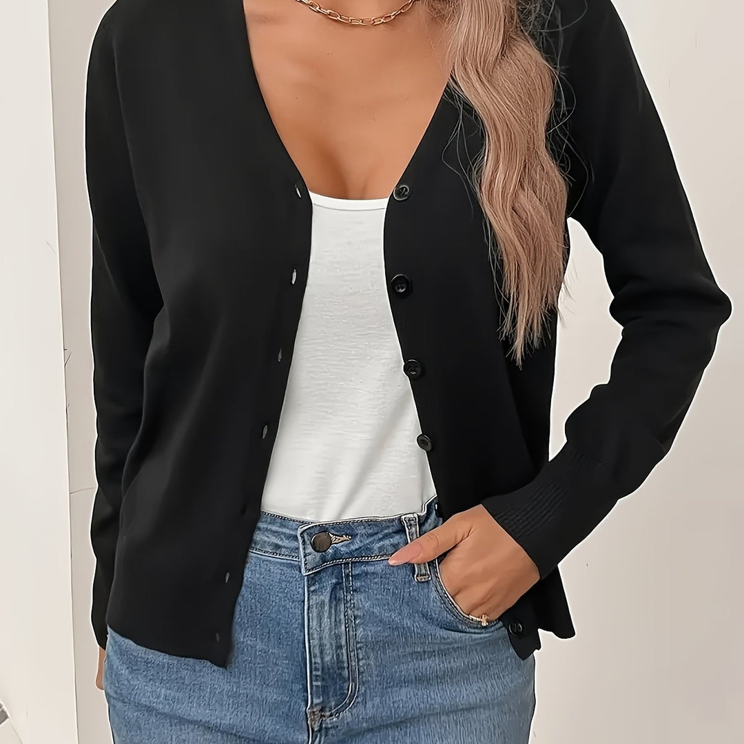 Annabel button-front V-neck cardigan in black, close-up front view