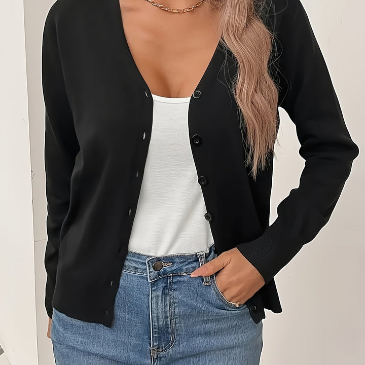 Annabel button-front V-neck cardigan in black, close-up front view
