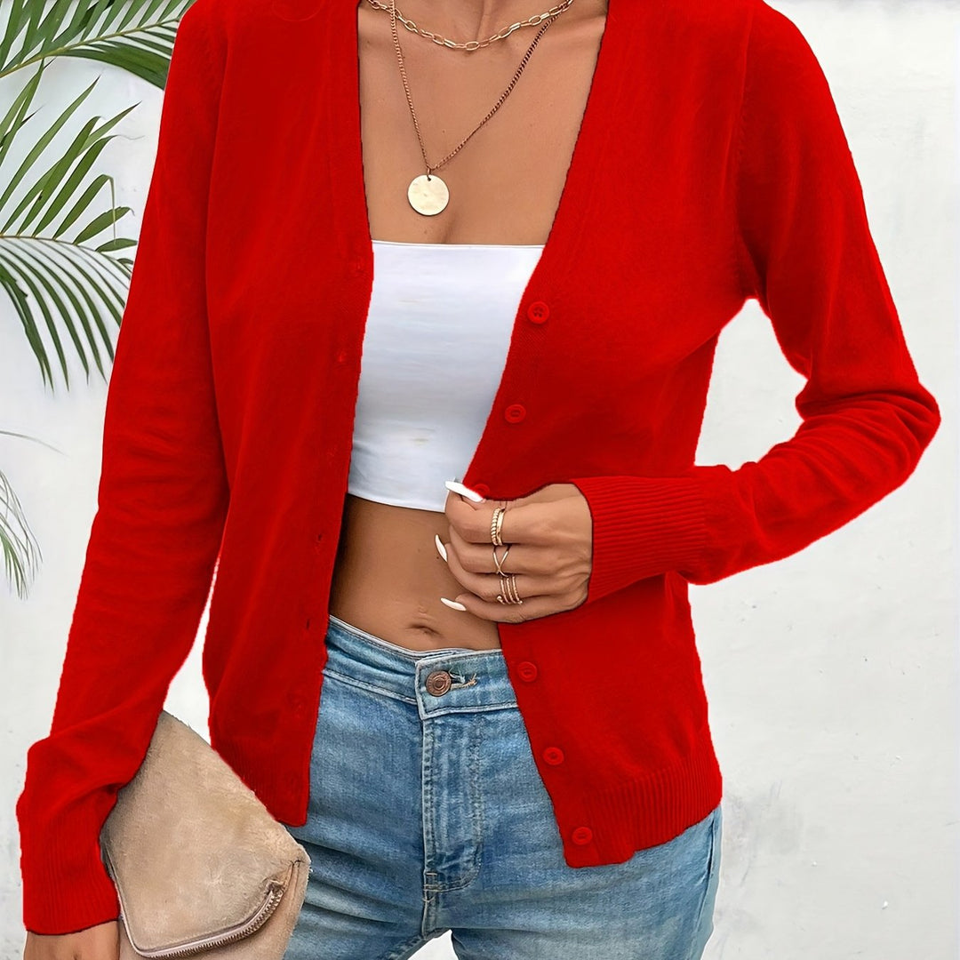 Annabel button-front V-neck cardigan in red, close-up front view
