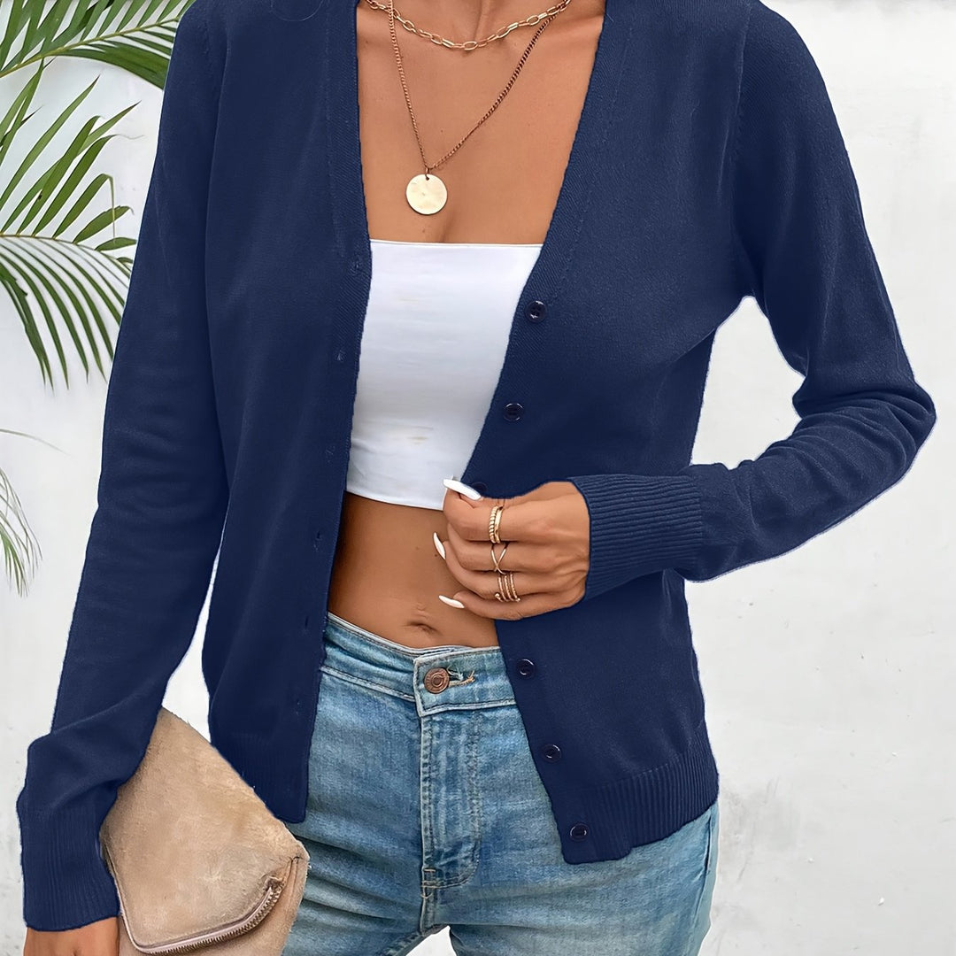 Annabel button-front V-neck cardigan in navy, close-up front view