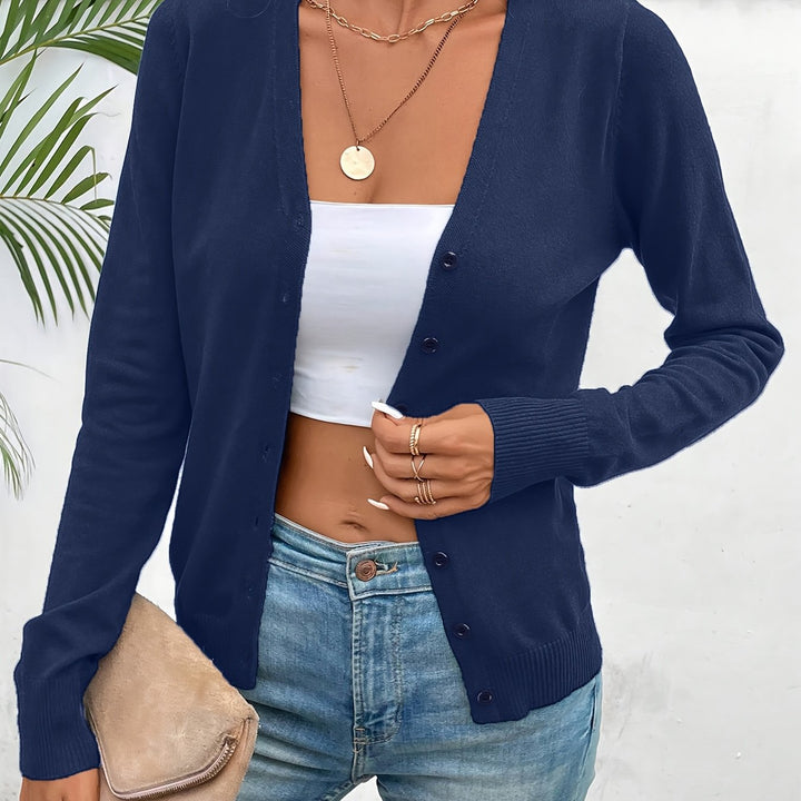 Annabel button-front V-neck cardigan in navy, close-up front view