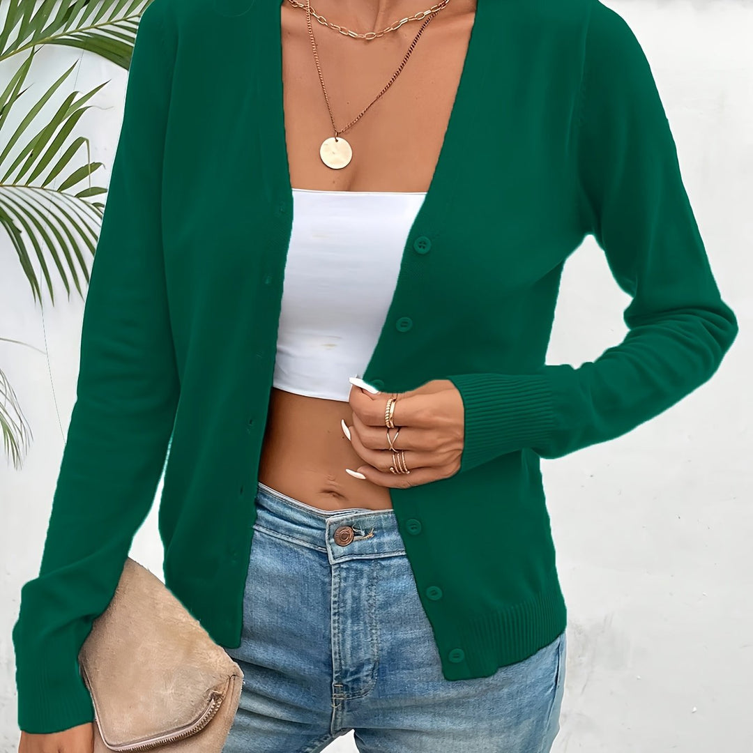 Annabel button-front V-neck cardigan in deep green, close-up front view