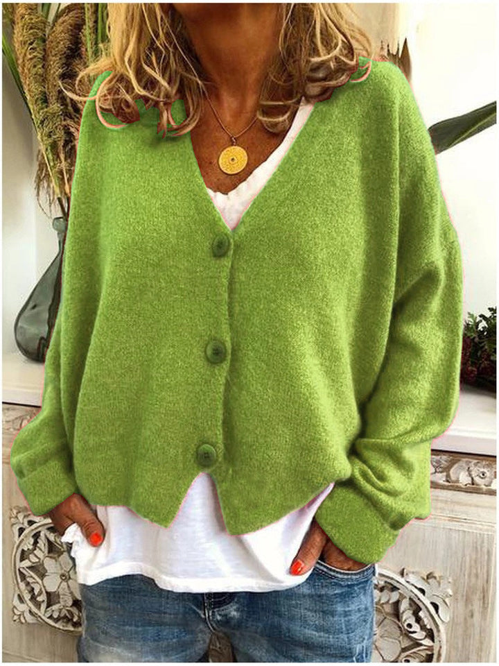 Annelise oversized V-neck cardigan in light green, front view