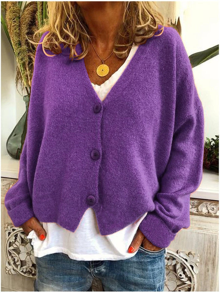 Annelise oversized V-neck cardigan in purple, front view