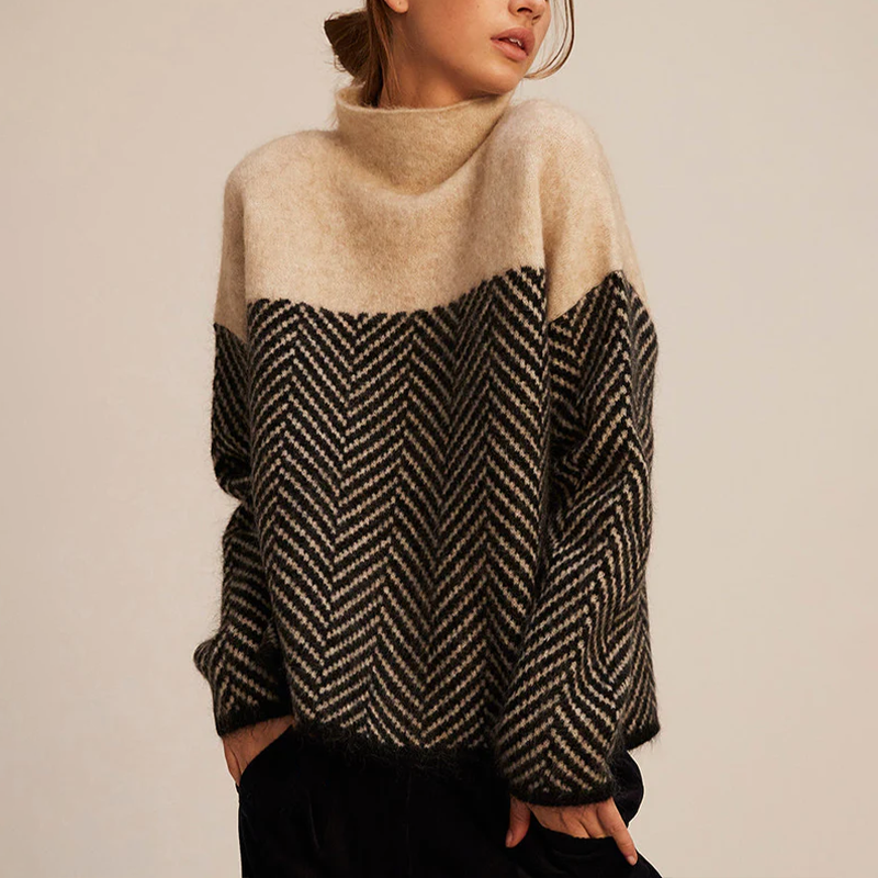 Arla oversized turtleneck sweater with chevron pattern in beige and black, front view